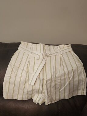 Banana Republic White High-Waist Stripe Paperbag Shorts with Olive Stripes